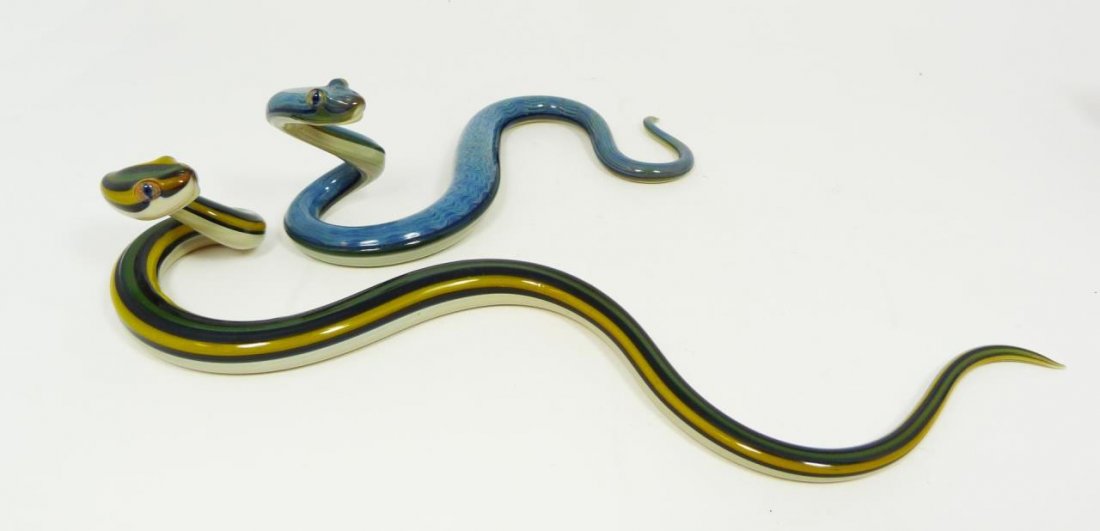 PAIR OF ARTIST SIGNED BLOWN GLASS SNAKE FIGURES: Two artist signed blown glass snake figures. Each very having a very life like look. Both signed by same artist to bottom and dated 2007 & 2008 respectively. Longest measures 11 1/4" length (28.5cm).