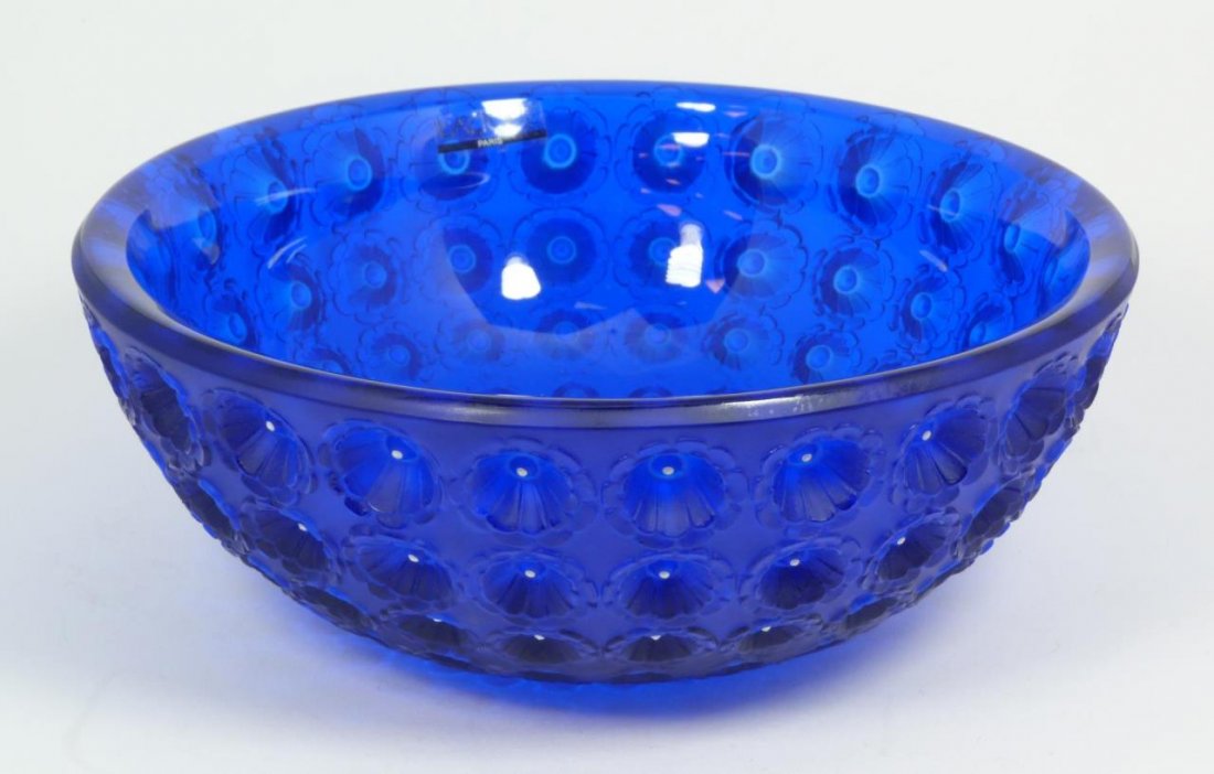 LALIQUE FRENCH CRYSTAL NEMOURS COBALT BOWL: A fabulous and rare Lalique France crystal 'Nemours' cobalt blue bowl depicting recessed flowers throughout exterior. Bottom holds 'Lalique France' etched script mark to bottom. Measures 3 7/8" height