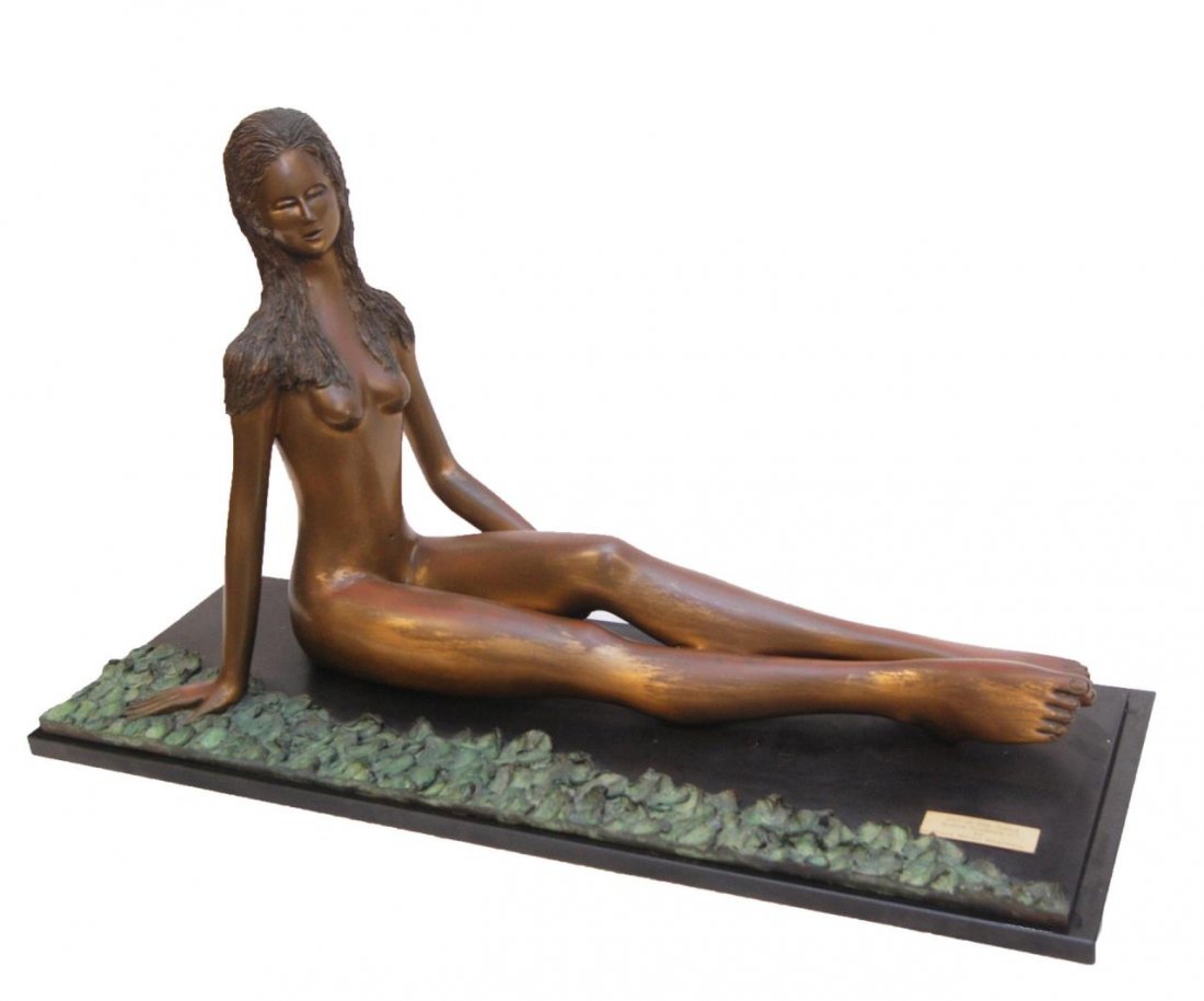 PRINCE MONYO NUDE BRONZE: Prince Monyo Mihailescu-Nasturel (ROMANIAN, 20th/21st century) bronze sculpture depicting a seated nude female with long hair. Has flat bronze base over black marble base. Titled 'Girl in the Sand' an