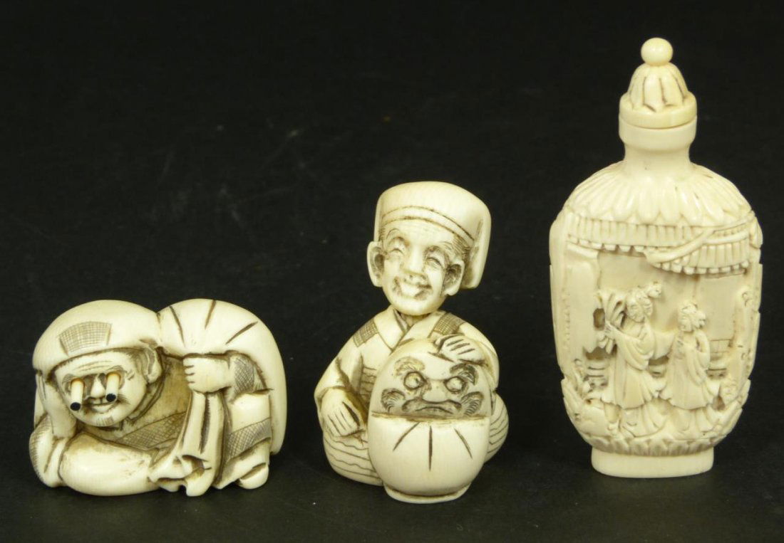 LOT OF 3 ASIAN CARVED AFRICAN IVORY ITEMS: Lot of three Asian carved African ivory items including a Chinese relief snuff bottle, and two Japanese netsuke, one depicting a seated man with bag having extending eyes, the next a seated man holdin