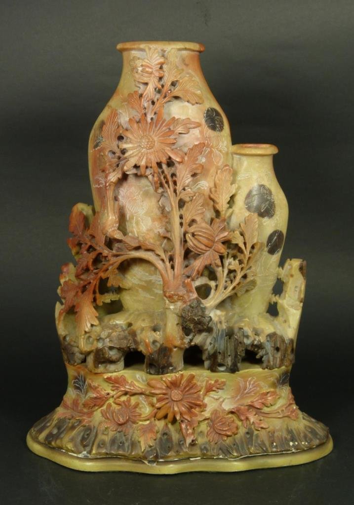 CHINESE LARGE SOAPSTONE CARVING ON FITTED BASE: A large Chinese relief carved soapstone sculpture depicting two vases with flowers. Attached to fitted base. Measures 13 3/8" height x 10 1/4" width (33.9cm x 26.0cm). Total weight of 3935 grams.