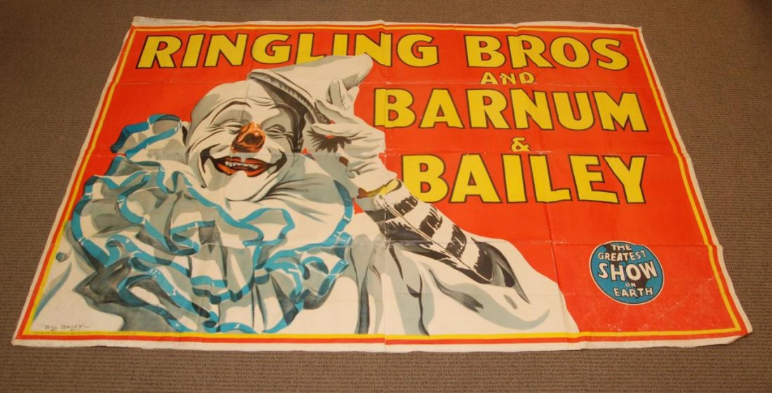 GIGANTIC RINGLING BROS BARNUM & BAILEY BANNER: A very large Ringling Brothers, Barnum & Bailey banner. Depicts a laughing clown to left hand side and text above him. Holds Bill Bailey signature to lower left. Copyright date of 1945 to lower right 