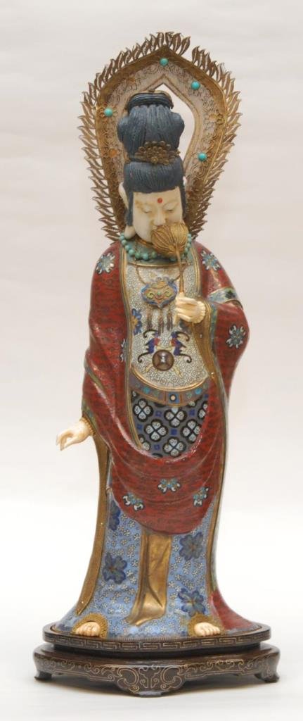 CHINESE CLOISONNE AND IVORY MAIDEN FIGURE: Chinese cloisonne and carved African ivory figure depicting a standing maiden. Has ivory head, hands and feet. Intricate mesh screen designs throughout. Impressed calligraphy marks to bottom. Includes