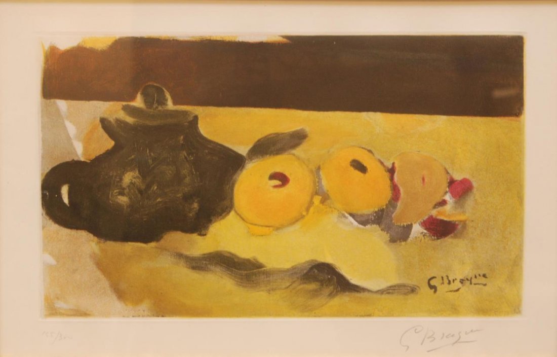 GEORGES BRAQUE LITHOGRAPH STILL LIFE PENCIL SIGNED: Georges Braque (FRENCH, 1882-1963) lithograph depicting still life with teapot and fruit. Pencil signed lower right. Numbered lower left 155/300. Measures 12 1/2" H x 19 1/2" W + 7 3/4" matte & frame.