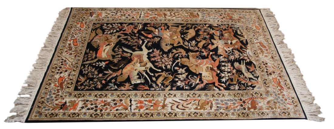 CHINESE SILK RUG DEPICTING HUNTING SCENE: Chinese silk rug depicting a warriors in a hunting scene on horseback, each man wielding a weapon and striking a beast. Border depicts flowers and trees with deer and elk. Measures 119" length x 73 1/