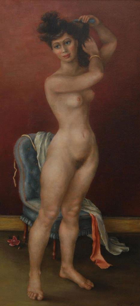 DORIS EMRICK LEE OIL ON CANVAS OF NUDE FEMALE: Doris Emrick Lee (AMERICAN, 1905-1983) oil painting on canvas depicting a standing nude female. Signed to lower right. Measures 34" height x 16 1/4" width + 3 3/4" mat & frame (86.3cm x 41.2cm + 9.5cm