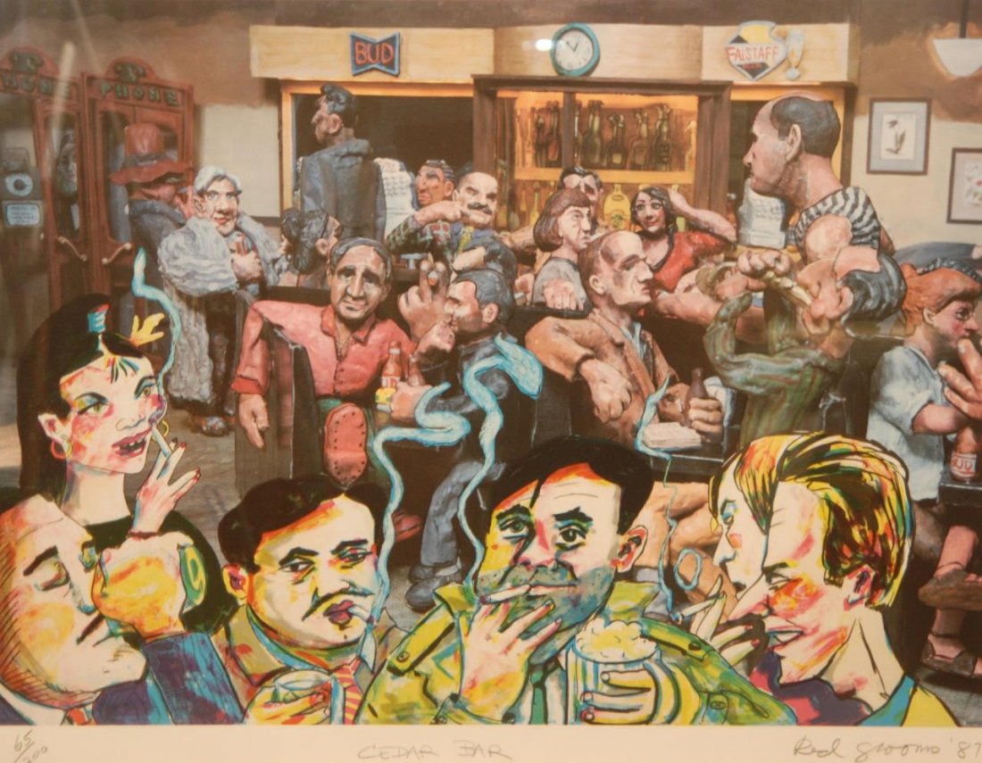 RED GROOMS COLOR LITHOGRAPH 'CEDAR BAR' 65/200: Red Grooms (AMERICAN, 1937) color lithograph depicting a bar scene. Titled 'Cedar Bar'. Pencil signed to lower right and dated 1987. Titled to lower center and numbered 65/200 to lower left. Mounted i