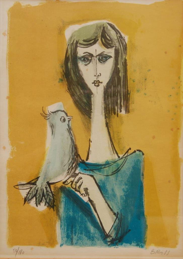 SAMI BRISS LITHOGRAPH OF WOMAN WITH BIRD 50/180: Sami Briss (FRENCH, 1930) original lithograph depicting a woman holding a bird. Pencil signed to lower right and numbered 50/180 to lower left. Measures 15 1/2" height x 10 1/2" width + 4" mat & frame