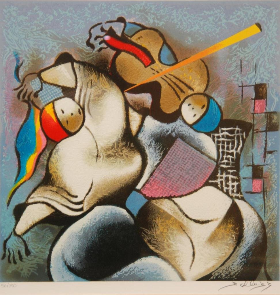 DAVID SCHLUSS SERIOGRAPH OF VIOLINIST 156/350: David Schluss (AMERICAN 1943-) seriograph depicting a person playing a violin as another person dances. Pencil signed lower right and numbered 156/350 to lower left. Measures 18 1/2" height x 18 1/2" 