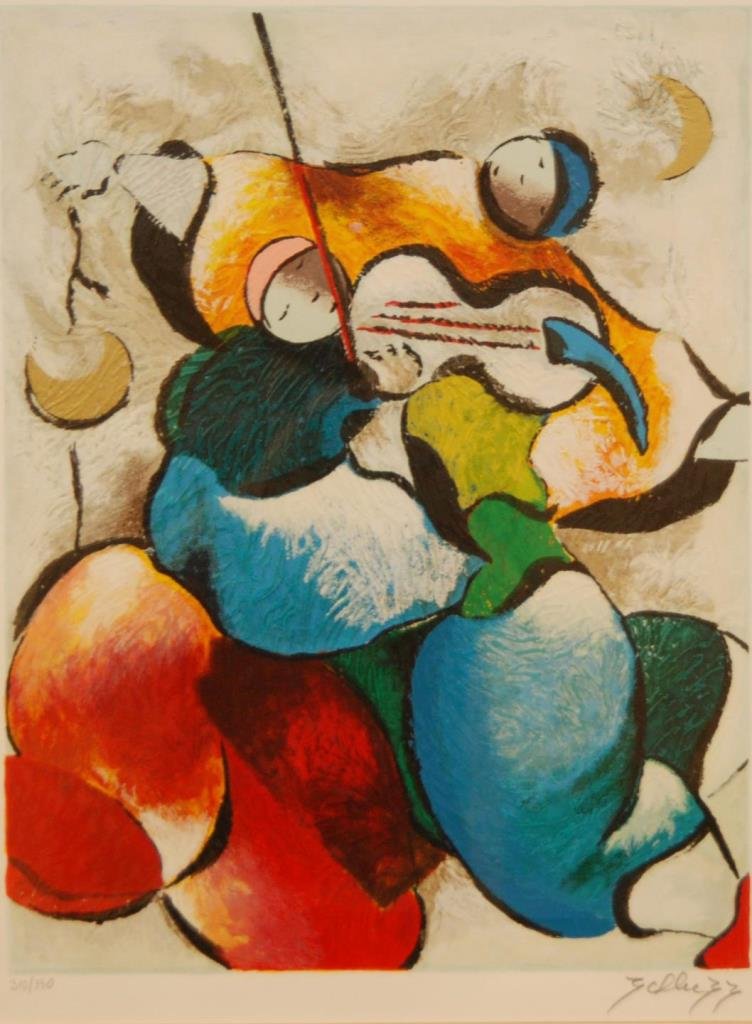 DAVID SCHLUSS SERIOGRAPH OF VIOLINIST 310/350: David Schluss (AMERICAN, 1943 -) serigraph depicting a person playing the violin another person dancing. Pencil signed to lower right and numbered 310/350 to lower left. Measures 22" height x 17 1/4" 