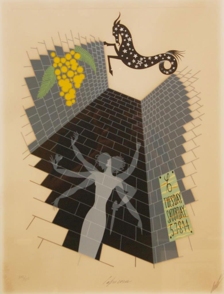 ERTE COLOR LITHOGRAPH 'CAPRICORN' 242/350: Erte, Romain de Tirtoff (RUSSIAN, 1892- 1990) color lithograph depicting the shadow of a man and woman with brick wall and astrological beast. Titled 'Capricorn'. Measures 21 1/2" height x 16" width +