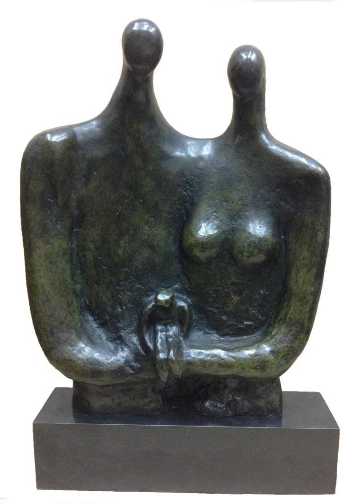 HENRY MOORE 'FAMILY' BRONZE SCULPTURE: Bronze sculpture depicting a family after Henry Moore (BRITISH, 1898-1986). Mounted on black marble base. Signed to back of bronze. Measures 17 1/2" height + 3 1/2" base height (44.4cm + 8.9cm).