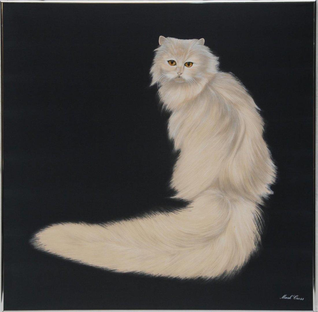 MARK CROSS FRAMED SCARF OF PERSIAN CAT: A Mark Cross designer scarf depicting a seated Persian cat with full white fur on black ground. Scarf is mounted in a silver metallic frame. Measures approx. 33" height x 33" width (83.8cm x 83.8cm).