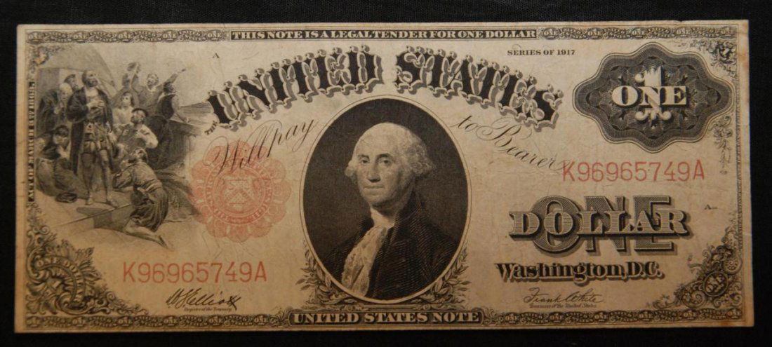 1917 ONE DOLLAR BILL, LARGE NOTE SERIES $1: 1917 one dollar bill serial number K96965749A. Large note series. Measures approx. 7 1/2" length x 3 1/8" height (19cm x 7.9cm).