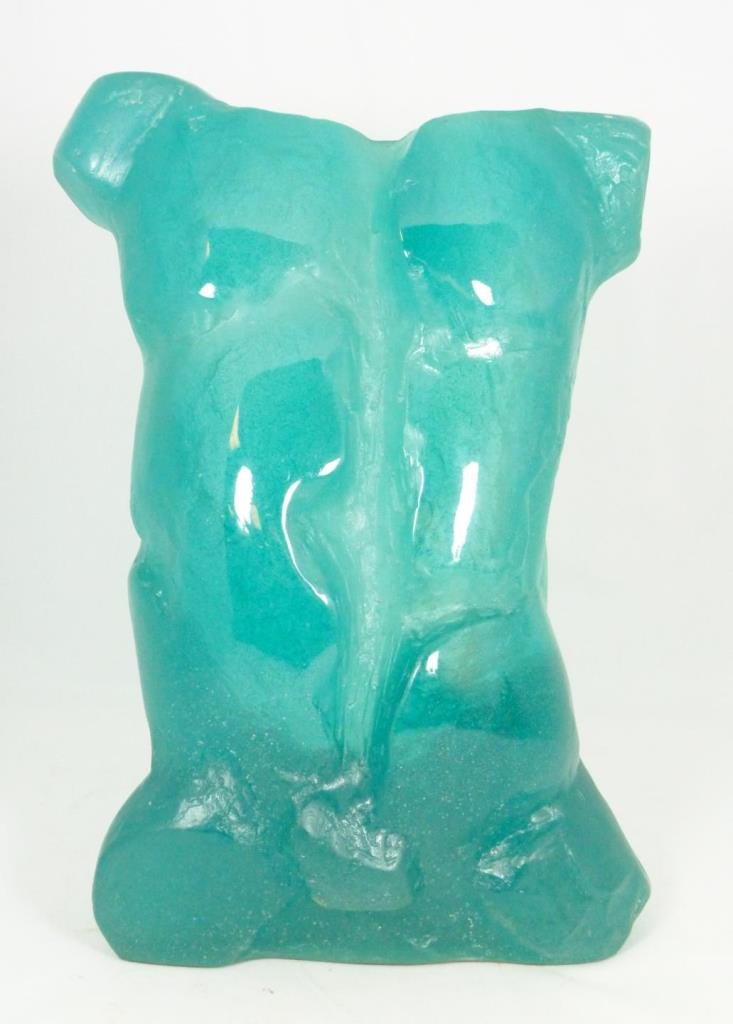 DAUM PATE DE VERRE M LEGENDRE TORSO SCULPTURE: Maurice Louis Legendre (FRENCH, 1928 - ) blue Pate de Verre art glass sculpture depicting body core. Titled 'Torso'. Produced by Daum. Raised 'M Legendre' signature to side of right leg. Also marked D