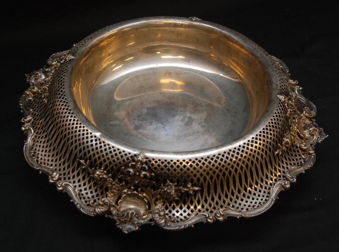 BLACK STARR & FROST STERLING CENTERPIECE BOWL: Antique Black Starr & Frost sterling silver reticulated rim centerpiece bowl. Beautiful floral scrolled designs also adorn rim. 19th century. No monograms or removals. Measures 3 5/8" height x 17 1/4"
