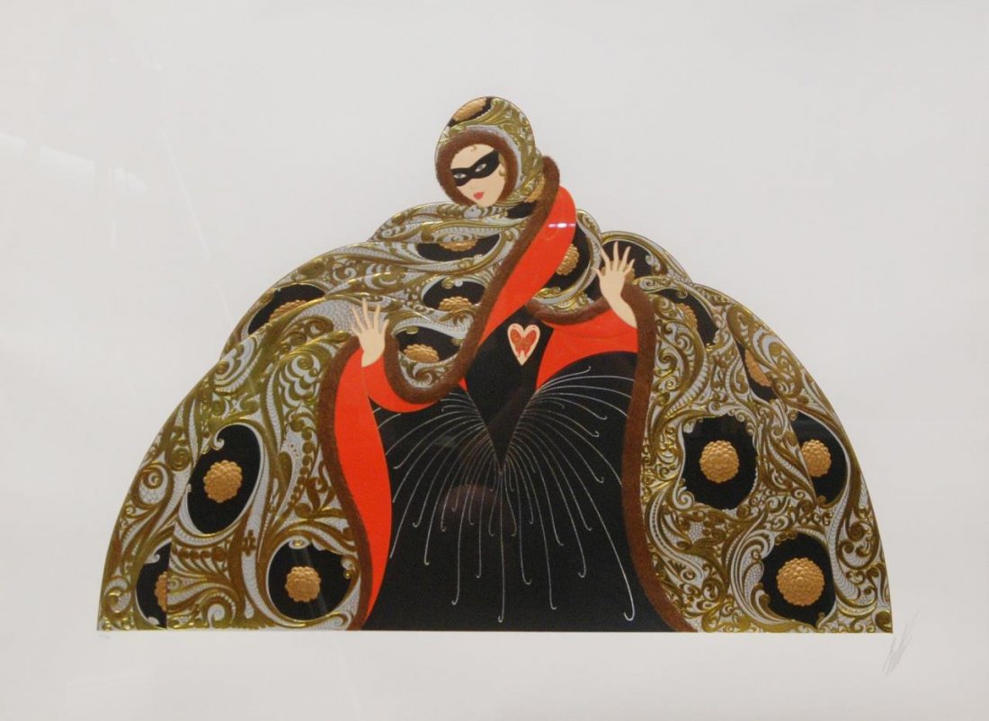 ERTE LIMITED EDITION SERIGRAPH MASQUERADE 160/300: Erté (FRENCH, 1892-1990) or Romain de Tirtoff serigraph depicting a standing masked woman with a gold coat and black dress over a white ground. Titled 'Masquerade' (White). Pencil signed to lower rig