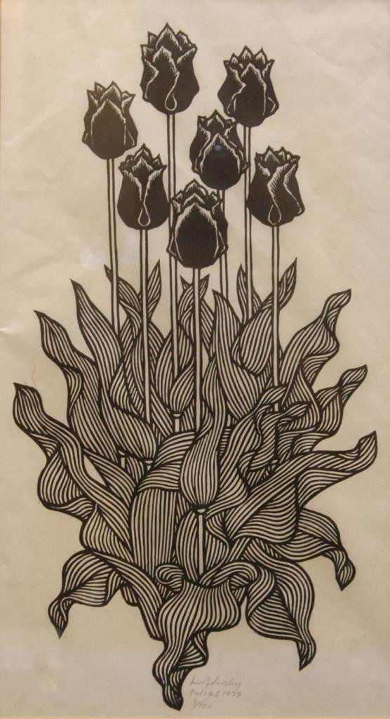 JACQUES HNIZDOVSKY WOODCUT OF ROSES 5/120: Jacques Hnizdovsky (AMERICAN/UKRAINIAN, 1915-1985) woodcut depicting tulips extending from pinstriped leaves. Pencil signed, titled 'Tulips', dated 1972 and numbered 5/120 to lower center. Measures 20