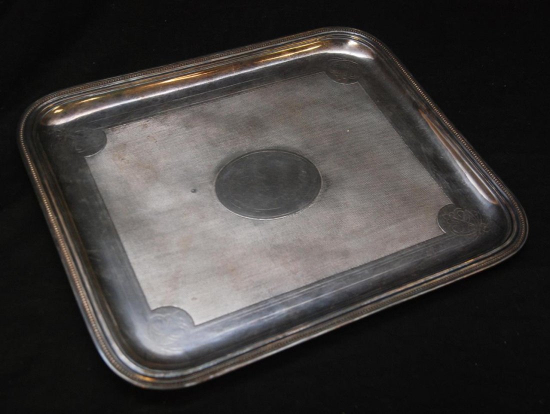 CHRISTOFLE SILVER PLATED RECTAGULAR TRAY: Christofle silver plated rectangular tray 13 1/2" x 16 1/2". Beaded border design. Provenance: From the Estate of Count and Countess Claes-Eric de Lewenhaupt of Sweden.