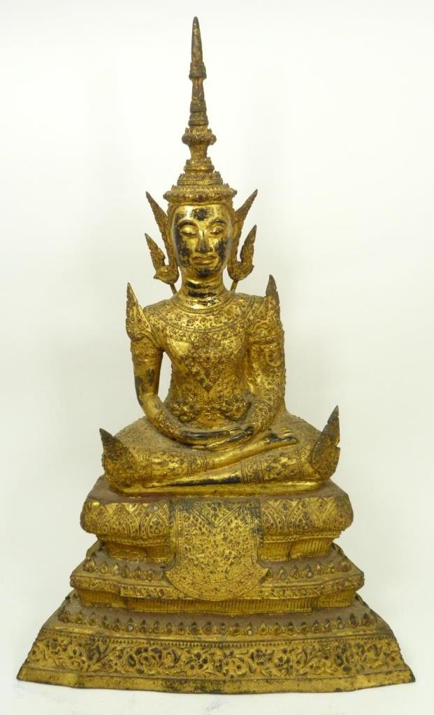 18th/19th THAI GILT BRONZE SEATED BUDDHA SCULPTURE: Antique Thai gilded bronze sculpture depicting a seated Buddha on tiered base. Rattanakosin Period, 18th/19th century. Measures 17 1/8" height (17.1cm). Provenance: From the Estate of Count and Counte