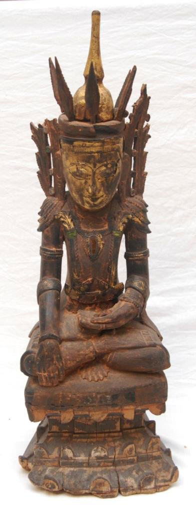 ANTIQUE LARGE WOODEN THAI BUDDHA SCULPTURE: Antique Large Thai hand carved wooden Buddha sculpture. Gold painted throughout with inlay stones. 19th century. Measures 29 1/2" height (74.9cm). Provenance: From the Estate of Count and Countess Cla