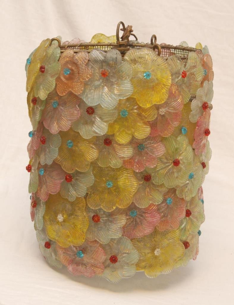 MILLE FIORE CRYSTAL TWO LIGHT HANGING FIXTURE: Mille Fiore crystal two light hanging fixture. Very colorful glass hanging chandelier. Hangs from a link chain. Measures approx. 11" (18 cm) diameter and 14" (35.5cm) height ( not including chain). Wi