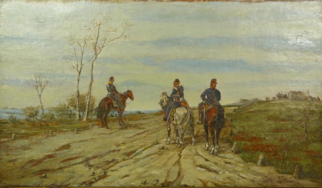 GIOVANNI FATTORI OIL ON CANVAS OF SOLDIERS: Giovanni Fattori (ITALIAN, 1825-1908) oil painting on canvas depicting three soldiers on horseback traversing a road leading to a distant fort. Signed to lower right. Mounted in gilded frame. Measures