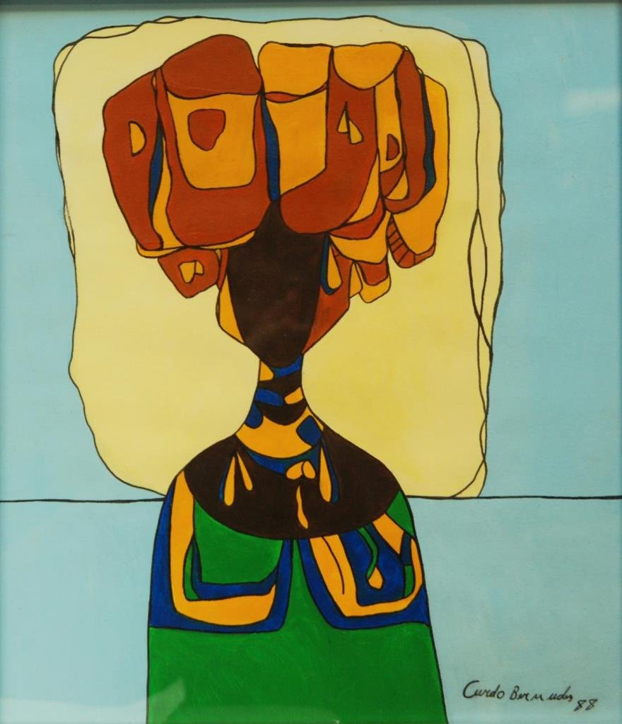 CUNDO BERMUDEZ ACRYLIC & MARKER ON PAPER: Cundo Bermúdez (CUBAN, 1914-2008) acrylic and marker on paper depicting a woman in head dress. Signed to lower right and dated '88. Mounted in silver tone frame behind acrylic screen. Measures 13 1/2