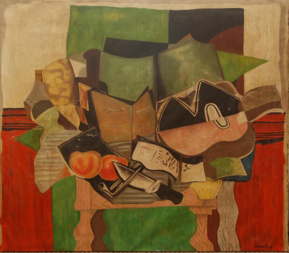 JUAN GRIS STILL LIFE OIL PAINTING ON CANVAS: Juan Gris (SPANISH, 1887-1927) oil painting on canvas depicting an abstract still life of various items on a table. Signed to lower right. 35" height x 39 1/2" width (88.9cm x 100.3cm). Provenance: Ex