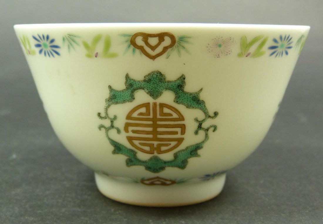 19th CENTURY CHINESE FAMILLE ROSE GREEN BATS CUP: Antique Chinese hand painted enameled Famille Rose porcelain bowl depicting bats, symbols and lingzhi. Bottom holds blue six character Xianfeng (1851-1861) reign mark, and is of the period. Measures 2