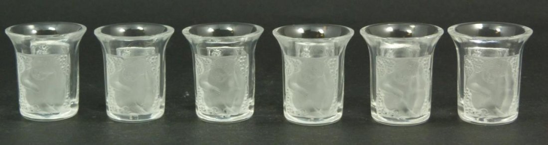 SET OF 6 ENFANTS LALIQUE CRYSTAL SHOT GLASSES: Set of 6 Lalique signed frosted glass 2" (5 cm) height. Enfants pattern shot glasses. Signed Lalique France.