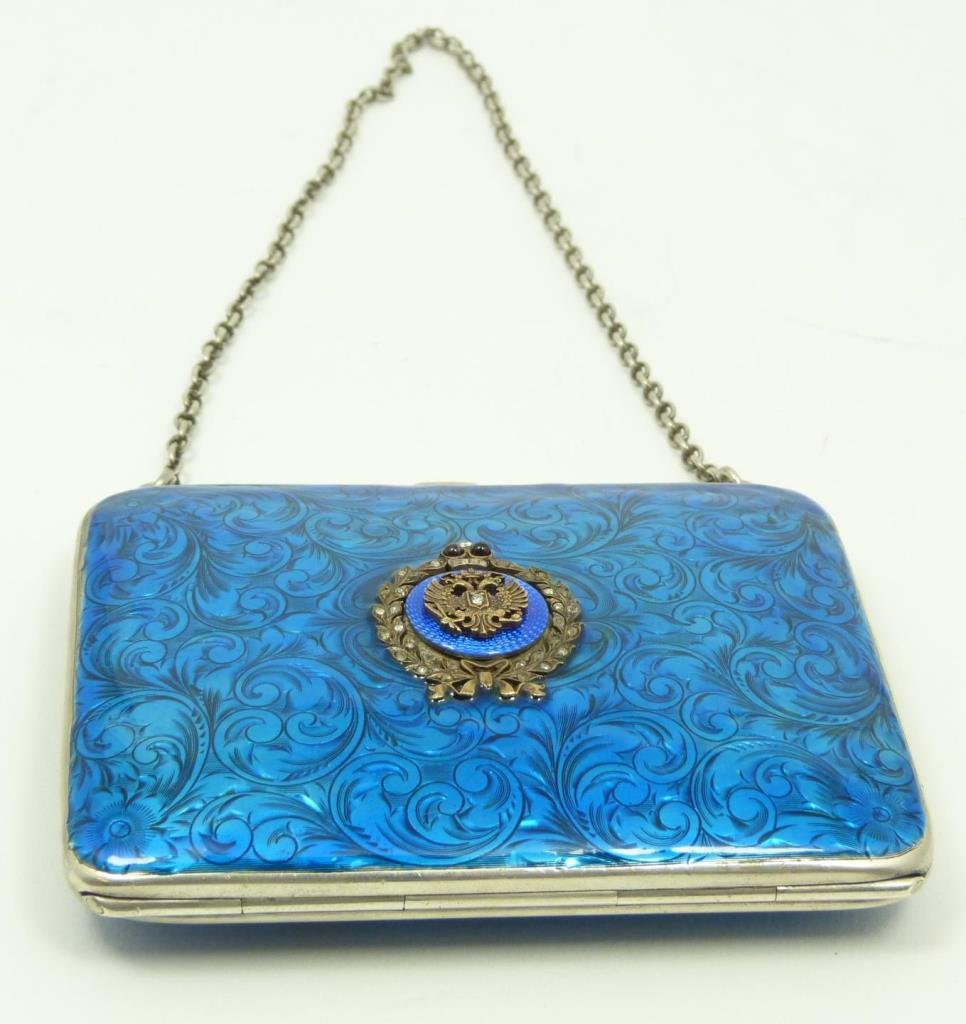RUSSIAN SILVER GOLD DIAMOND ENAMELED CLUTCH PURSE: A Russian silver diamond enameled clutch purse with 14k white gold double headed eagle and bezel design to front. Blue guilloche enamel scrolled design throughout exterior. Silver chain strap with 6 1