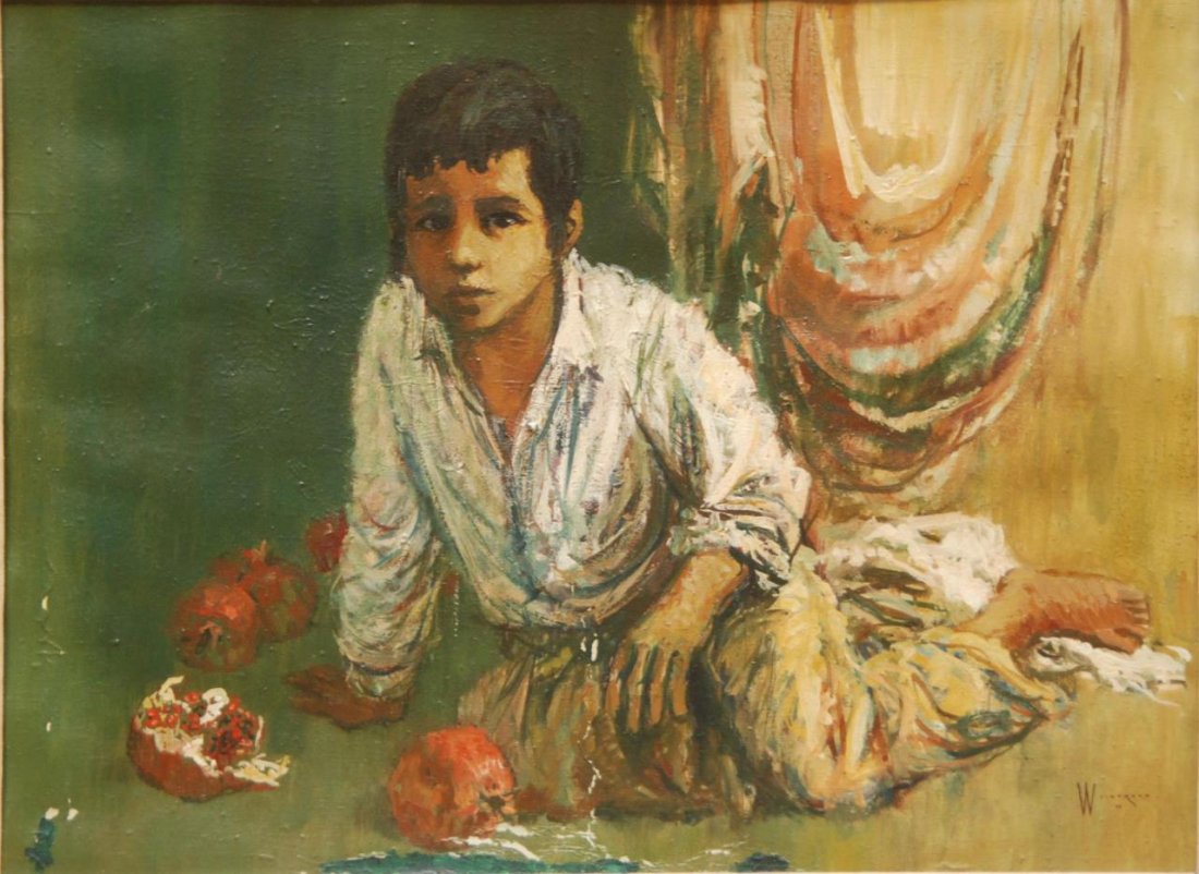 WEINTRAUB OIL ON CANVAS OF BOY WITH POMEGRANATES: William Weintraub (AMERICAN/ISRAELI, 20th century) oil painting in frame depicting a seated young boy with pomegranates. Signed to lower right. Mounted in gilded wood frame. Measures 21" height x 26 1