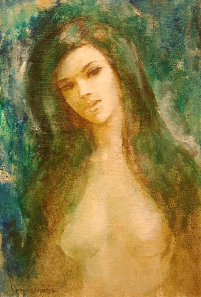 NATHAN WASSERBERGER OIL ON CANVAS OF NUDE: Nathan Wasserberger (Polish/American 1928 - 2012) oil painting on canvas depicting a beautiful nude female. Signed to lower left. Measures 36" height x 24" width + 1 1/2" frame (91.4cm x 60.9cm + 3.8c
