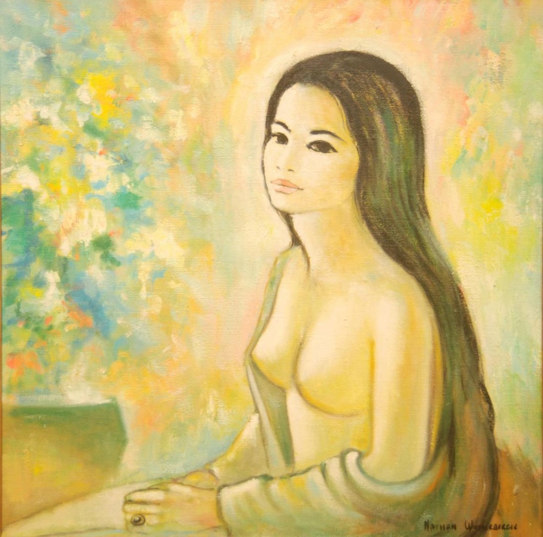 NATHAN WASSERBERGER OIL PAINTING OF NUDE GIRL: Nathan Wasserberger (Polish/American 1928 - 2012) oil painting on canvas depicting a beautiful nude female. Signed to lower right. Measures 36" height x 36" width + 7/8" frame (91.4cm x 91.4cm + 2.2cm