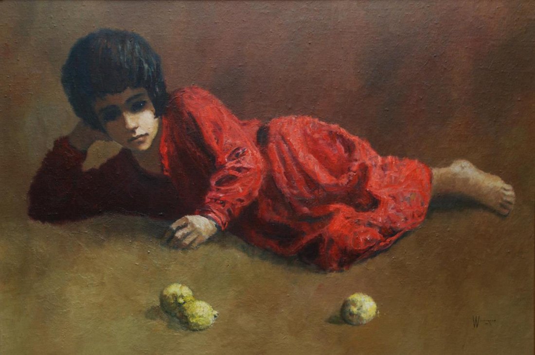 WEINTRAUB OIL PAINTING ON BOARD OF YOUNG GIRL: William Weintraub (AMERICAN/ISRAELI, 20th century) oil painting on board depicting a young girl lying on the floor near three lemons. Signed to lower right. Measures 28 5/8" height x 40 1/2" width + 2