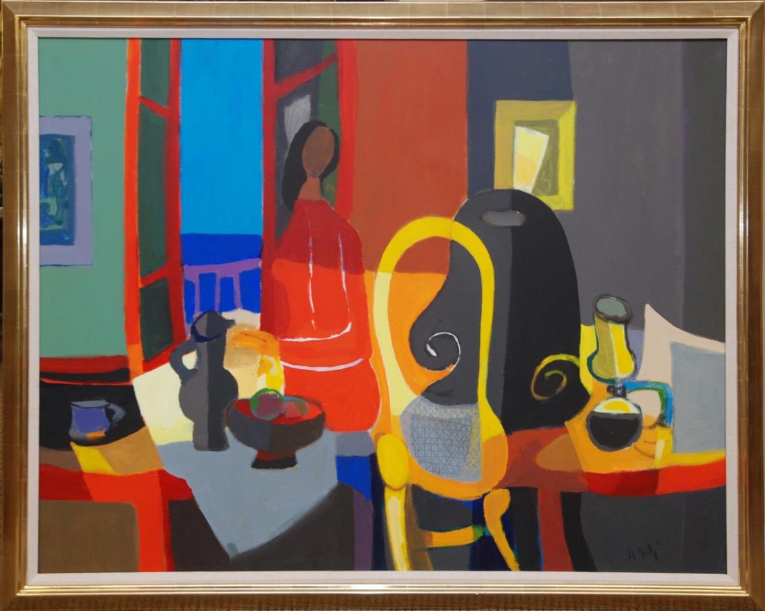 MARCEL MOULY OIL PAINTING ON CANVAS OF INTERIOR: Marcel Mouly (FRENCH, 1918-2008) oil painting on canvas depicting a standing woman in home interior scene. Signed to lower right and dated '82. Titled in French to verso and dated 1982. Measures 57 1/