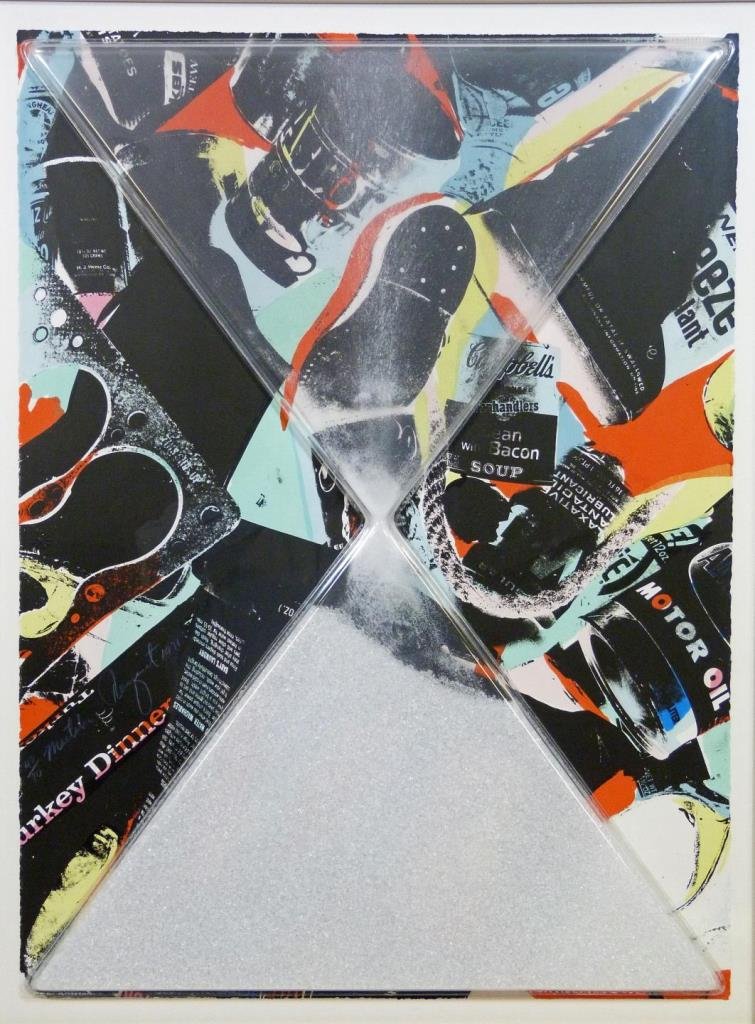 JAMES ROSENQUIST LITHOGRAPH MASTABA w LUCITE: James Rosenquist (AMERICAN, 1933) mixed media lithograph mastaba with lucite hour glass design. Swivel back mount allows the work to be turned and allow the silica crystals move with gravity to allow 
