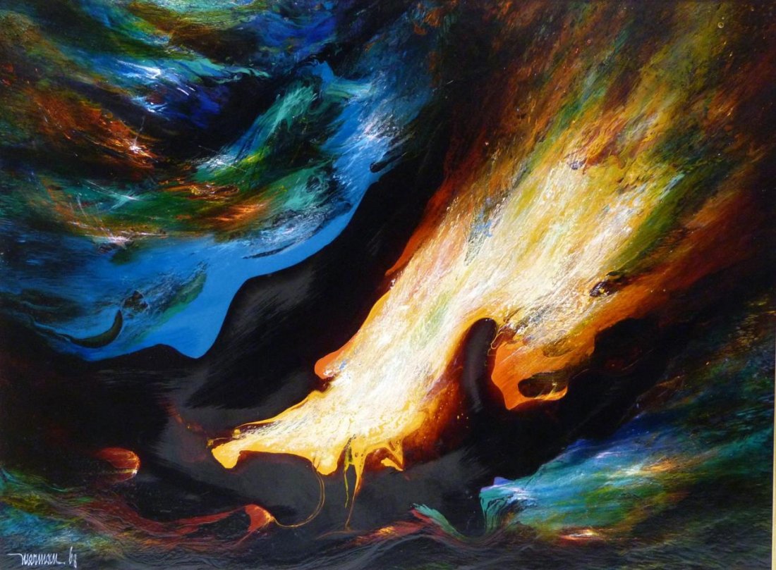 LEONARDO NIERMAN 'VOLCANIC WIND' PAINTING ON PANEL: Leonardo Nierman (MEXICAN, 1932) oil painting on board depicting a fiery scene. Titled 'Volcanic Wind'. Signed lower left and dated 1968. Measures 31" ( 78.5cm) x 23 1/4" (59 cm).
