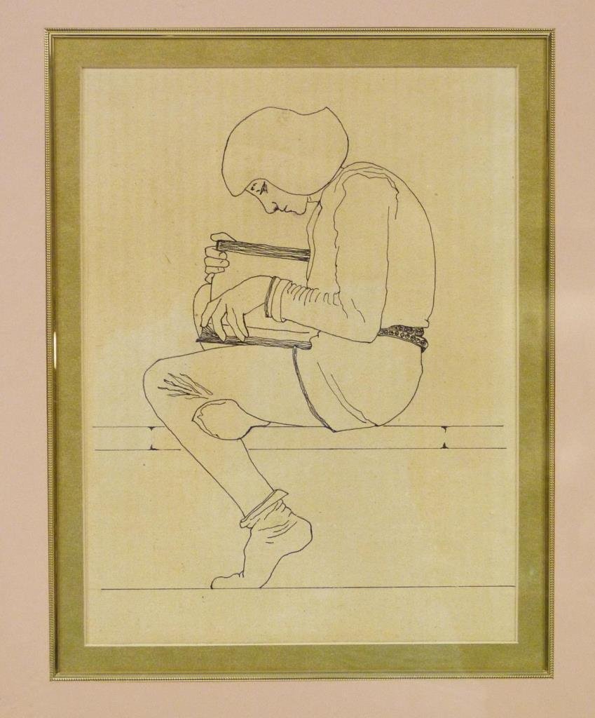 MAXFIELD PARRISH INK & PENCIL ON CARDSTOCK: Maxfield Parrish (AMERICAN, 1870-1966) ink and pencil drawing on cardstock depicting a seated reader. Measures 9" x 12 3/4" + 4 3/8" (22.8cm x 32.3cm + 11.1cm). Overall measurements of 18 3/8" x 21 1/