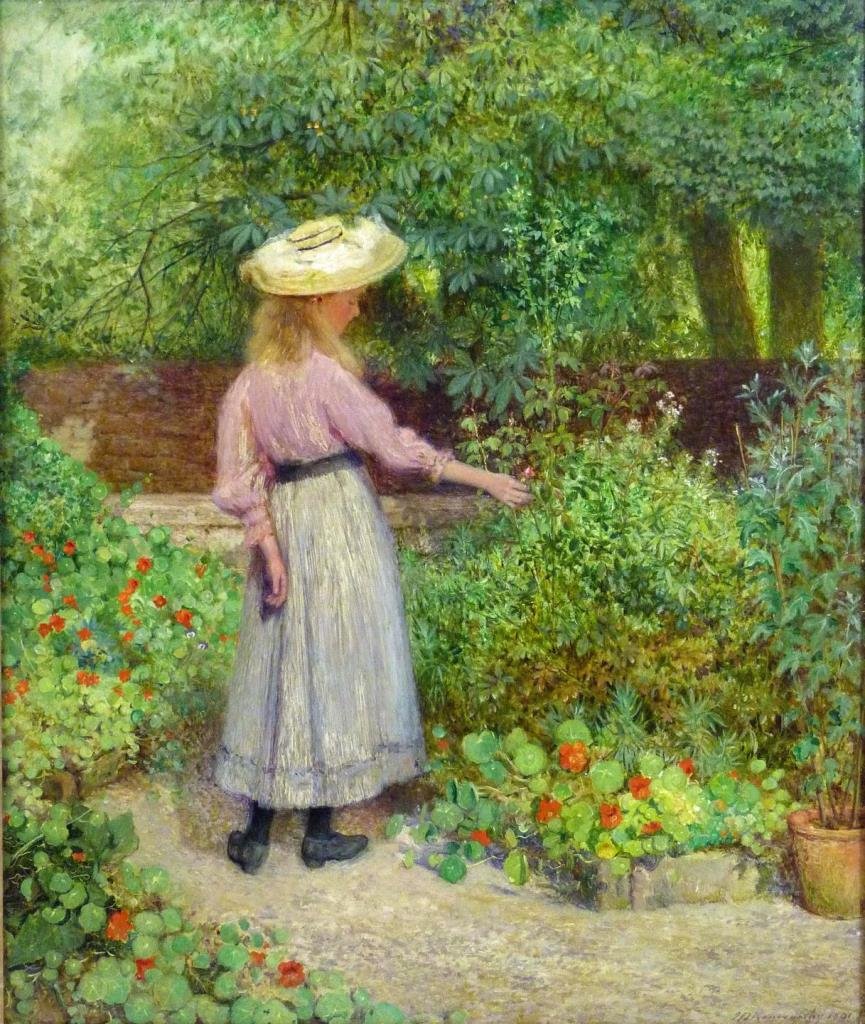 JOHN D KENWORTY PAINTING ON BOARD GIRL IN GARDEN: John Dalzell Kenworthy (UNITED KINGDOM, 1858 - 1954) oil painting on board depicting a young woman in a garden. Signed to lower right and dated 1901. Measures 17 3/8" height x 14 1/8" width + 3" mat &