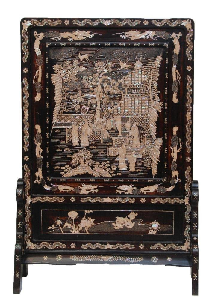 LARGE 19th C. LACQUERD M.O.P. INLAY WOODEN SCREEN: Antique Chinese hand crafted palatial, lacquered wooden screen having intricate Mother of Pearl inlay depicting a palatial courtyard scene. Verso having inlaid archaic calligraphy characters. Mid to l