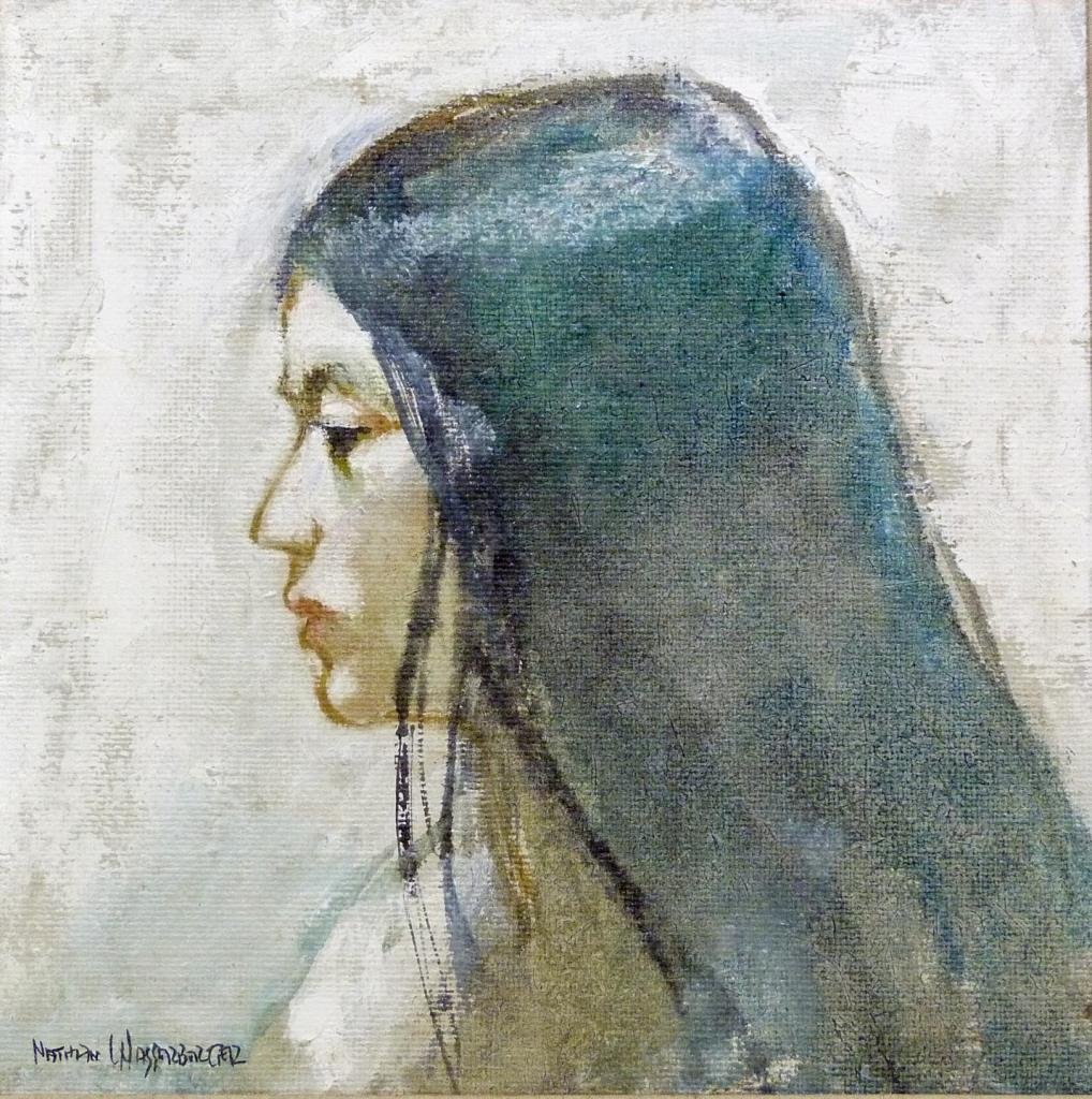 NATHAN WASSERBERGER OIL ON CANVAS PROFILE OF WOMAN: Nathan Wasserberger, (Polish/American 1928 - 2012) oil painting on canvas depicting the profile of a brunette woman. Signed to lower left. Mounted in gold wooden frame with matting. Measures 16" heigh