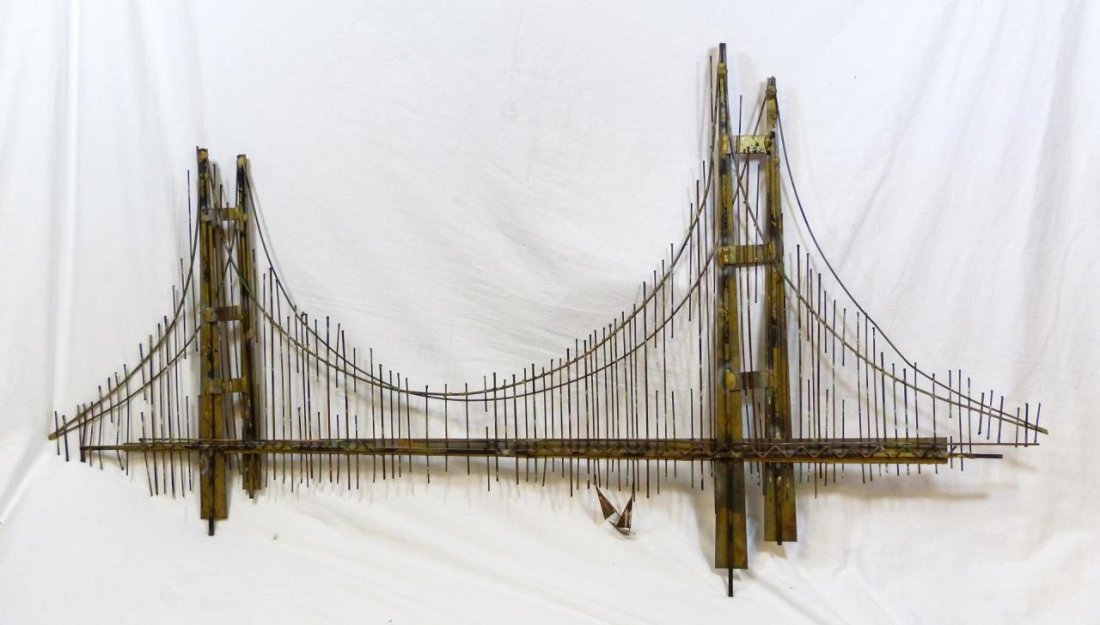 CURTIS JERE METAL SAN FRANCISCO BRIDGE SCULPTURE: Curtis Jere (AMERICAN, 20th century) metal sculpture depicting the San Francisco bridge. Measures 32" height x 85" length (81.3cm x 215.9cm).