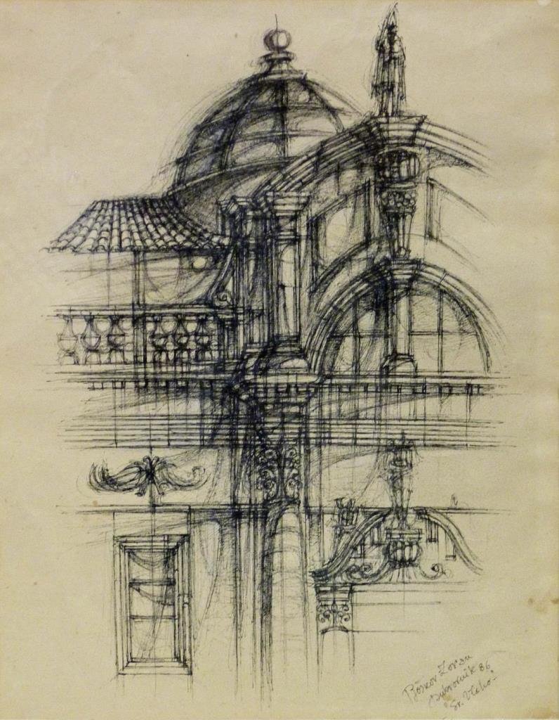 BORKOV ZORAN ARCHITECTURE CHARCOAL SIGNED: Charcoal work on paper depicting an architectural scene. Signed lower right 'Borkov Zoran'. Measures 13 1/2" height x 10 1/2" width + 3 3/8" mat & frame (34.2cm x 26.6cm + 8.5cm).
