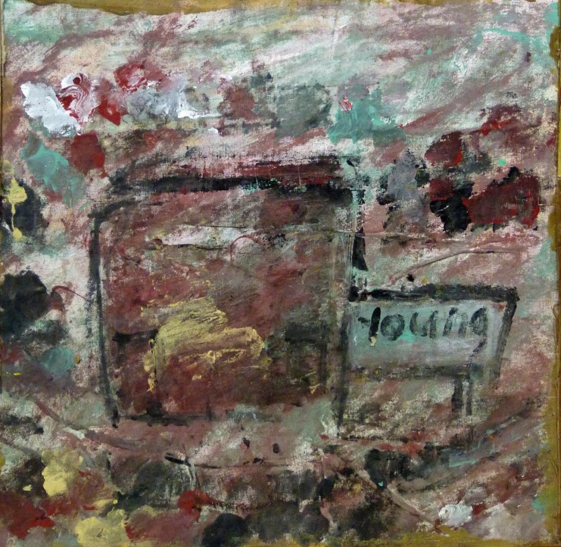 PURVIS YOUNG MIXED MEDIA WORK ON CARPET BOARD: Purvis Young (AMERICAN, 1943-2010) mixed media work on carpet board. Signed 'young' in work. Measures 24 5/8" height x 24" width (62.5cm x 60.9cm).