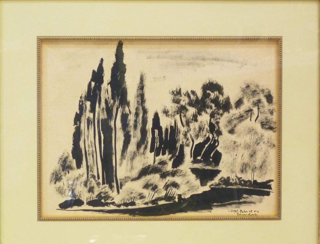 ADOLPH DEHN INK AND WASH ON PAPER OF LANDSCAPE: Adolf Arthur Dehn (AMERICAN, 1895 - 1968) ink and wash on paper depicting a river landscape scene. Signed and titled to lower right and dated the 23rd of August. Mounted in gilded wooden frame behind 