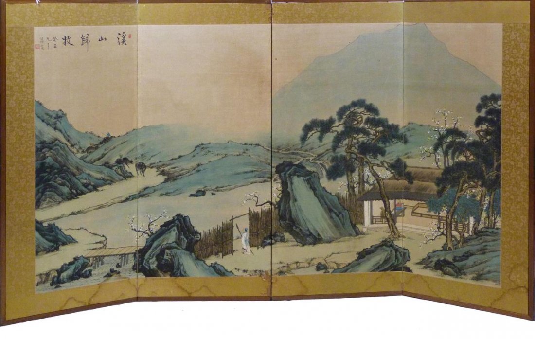 CHINESE FOUR PANEL FLOOR SCREEN OF LANDSCAPE: Chinese 20th century four panel floor screen depicting a landscape scene with temple exterior. People with oxen can be seen in the distance. Measures 34 7/8" height x 59 1/2" widht (88.5cm x 151.1cm).