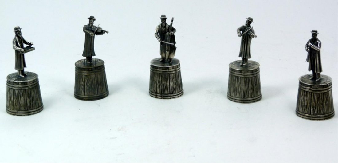 5 FIGURAL RUSSIAN JUDAIC SILVER SHOT GLASSES: Russian silver Jewish Kleizmer, folk Yiddish orchestra figural shot glass set. Each holds 84 silver purity mark with town and assayer marks. Each measures approx. 3" height (7.6cm). Total weight of 9.
