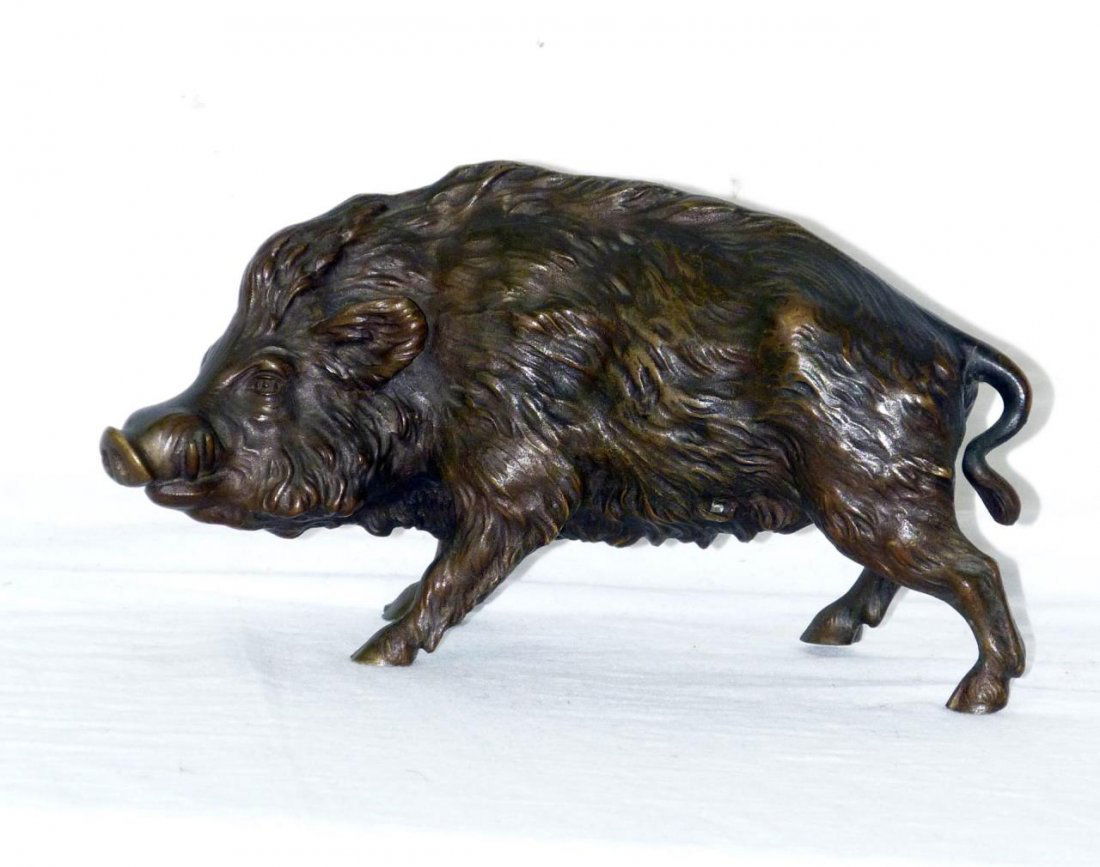 CONTINENTAL BRONZE BOAR SCULPTURE AFTER DILLER: A Continental bronze standing boar after Fritz Diller (GERMAN, 1876-1946). First half of the 20th century. Measures 8" (20 cm) length and 4" (10 cm) height. Total weight of 1908 grams.